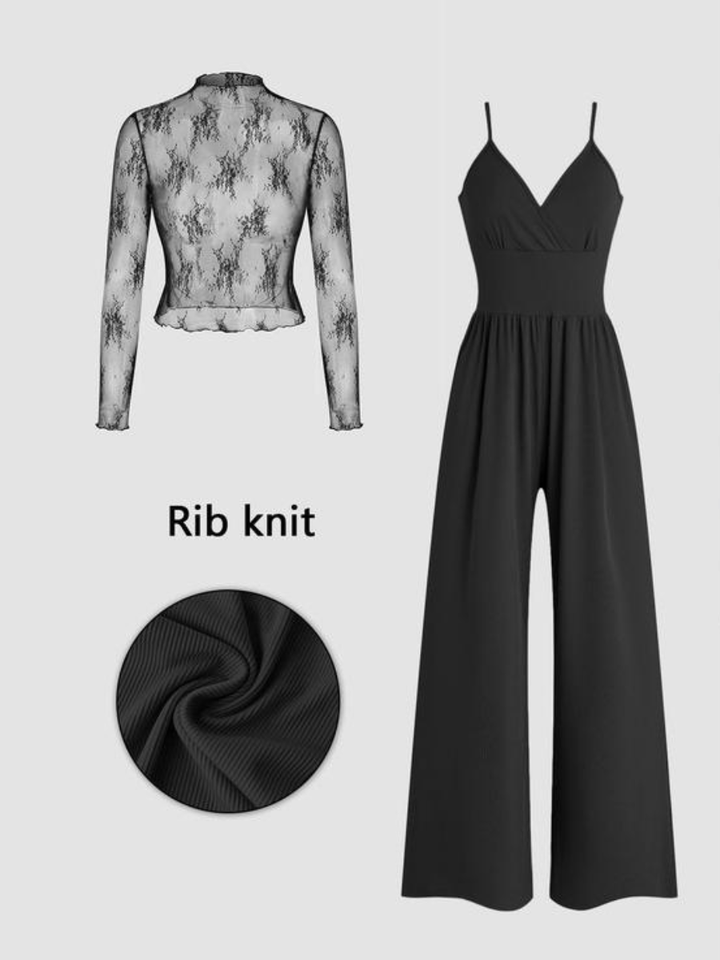 Black lace top and wide-leg jumpsuit with rib knit texture on white background.