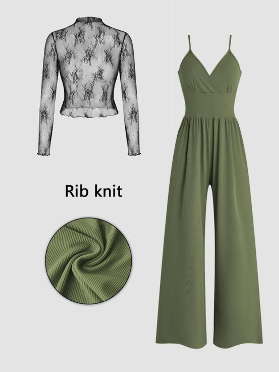 Green lace top and wide-leg jumpsuit with rib knit texture on white background.