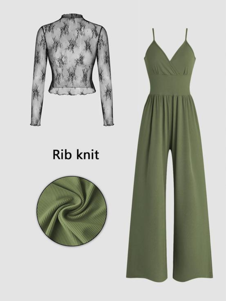 Green lace top and wide-leg jumpsuit with rib knit texture on white background.
