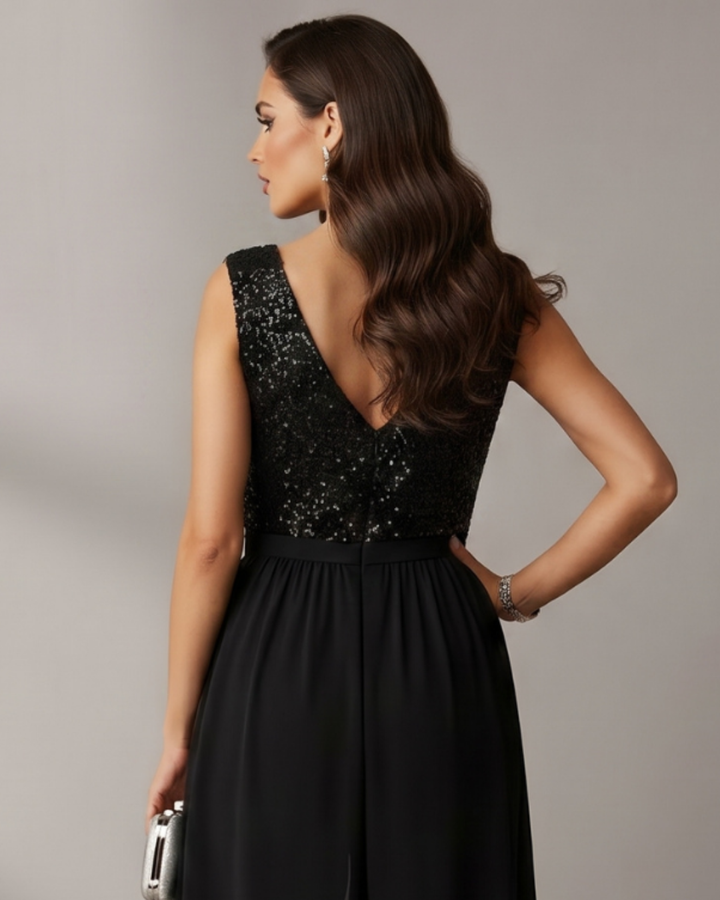 Back view of black jumpsuit showcasing sequined top and long hair, holding silver clutch in studio.