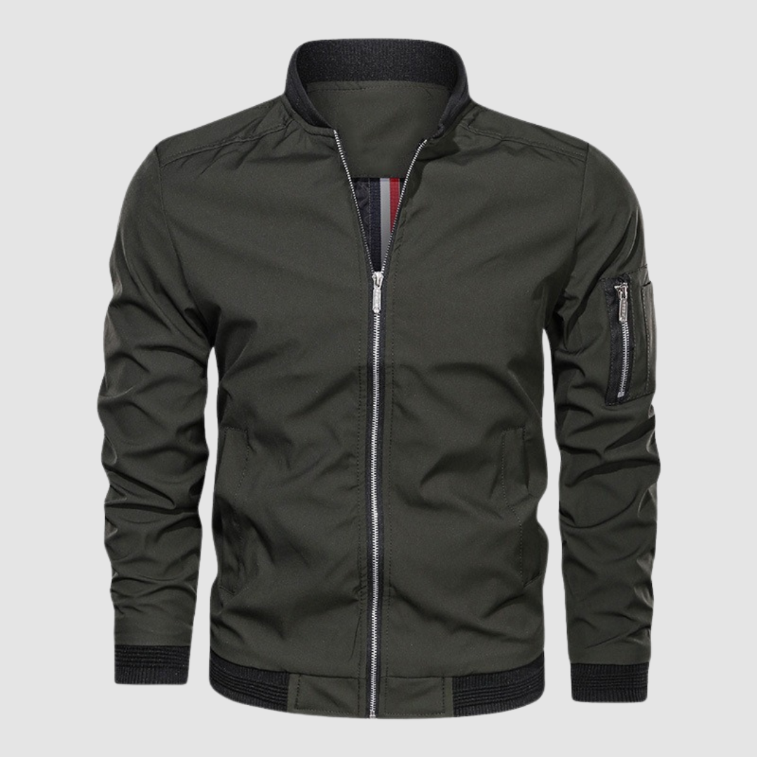Dark green lightweight bomber jacket with zipper front in a studio setting.