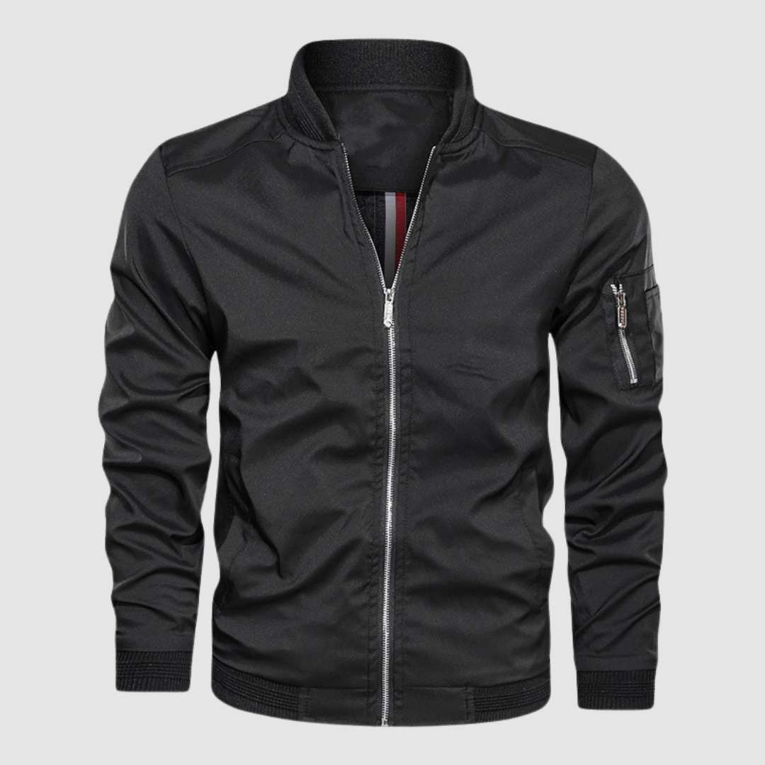 Black lightweight bomber jacket with zipper front in a studio setting.
