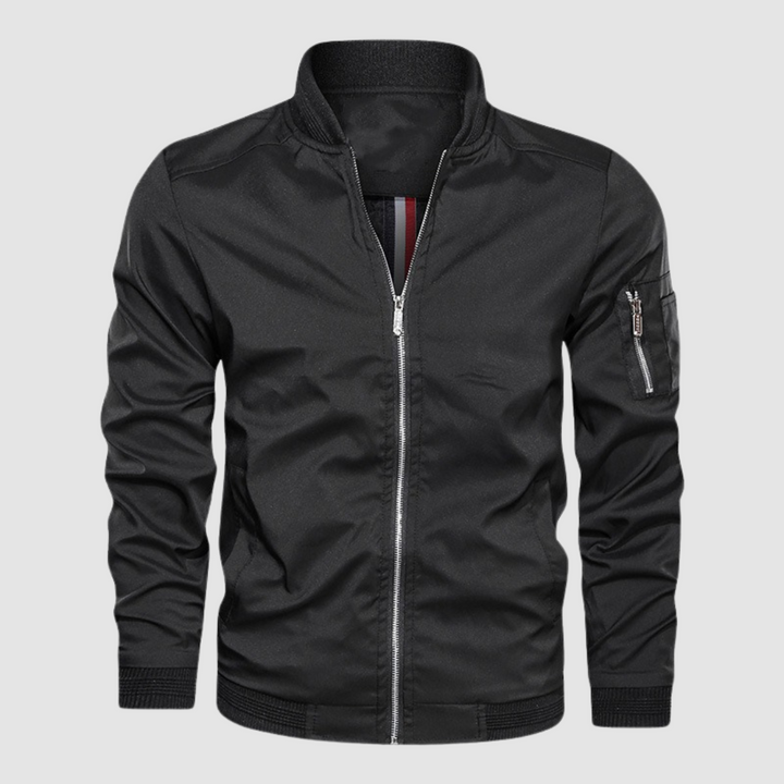 Black lightweight bomber jacket with zipper front in a studio setting.