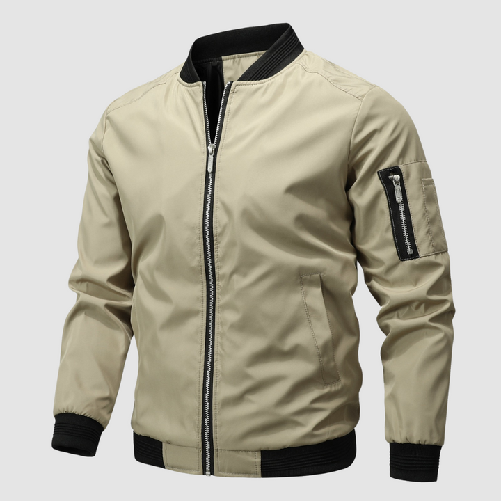 Beige lightweight bomber jacket with zipper front in a studio setting.