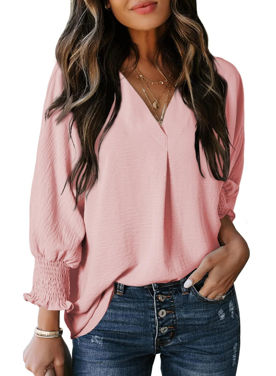 Nina – Relaxed V-Neck Blouse with 3/4 Sleeves