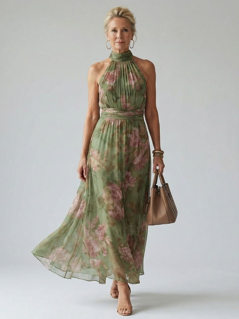 Model wearing a green floral halter midi dress, holding a beige handbag, in a studio setting.