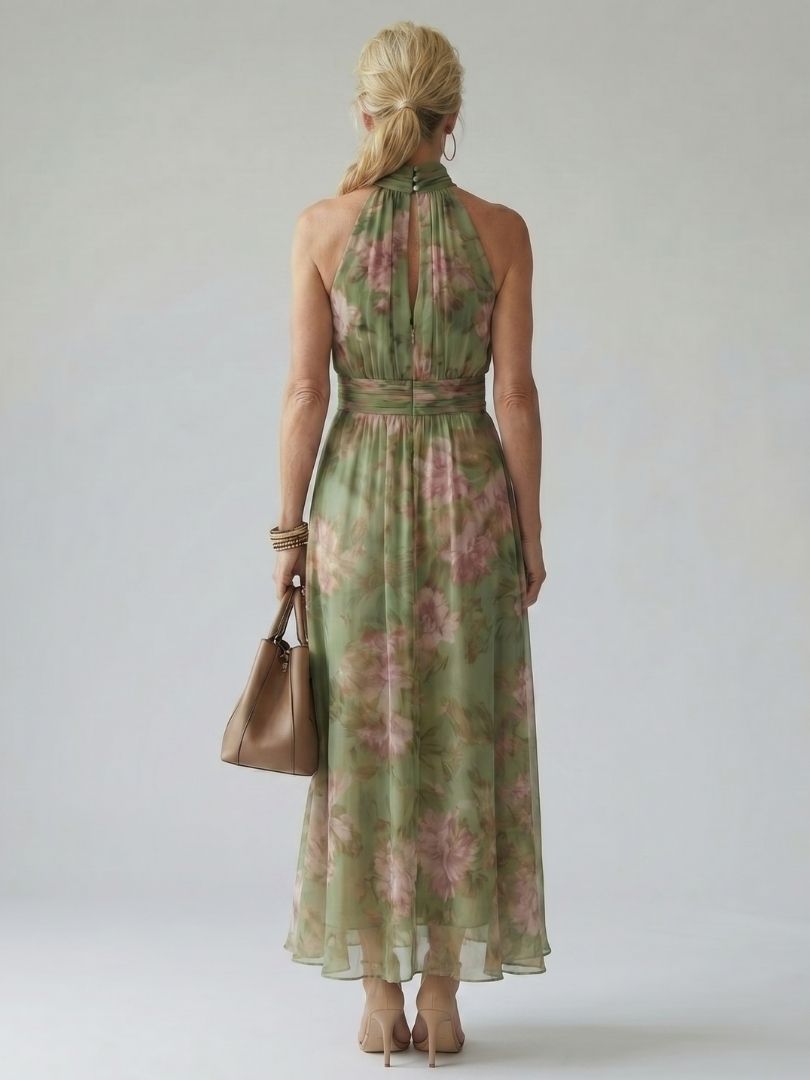 Back view of green floral halter midi dress, model holding a beige handbag, studio setting.