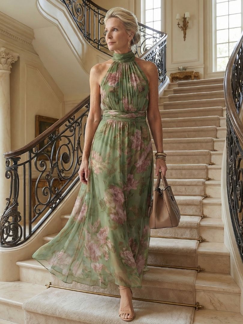 Model in green floral halter midi dress on elegant staircase, holding a beige handbag.