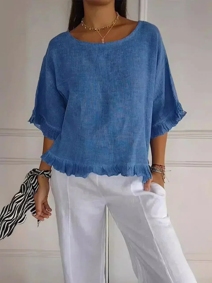 Gemma – Ruffled Blouse with Open Round Neckline