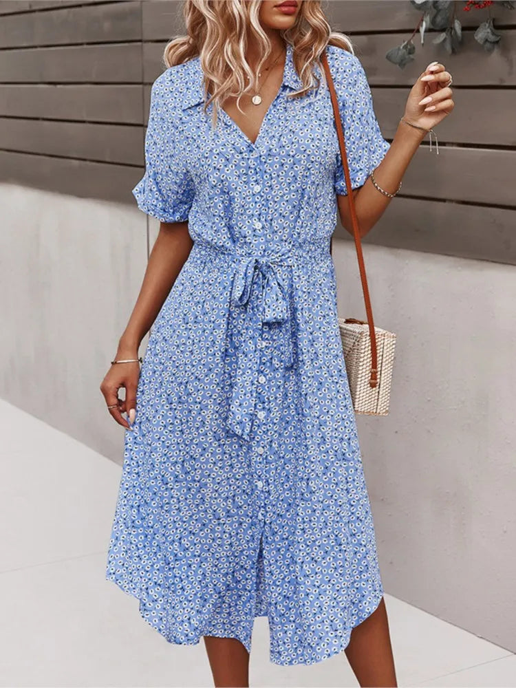 Madel – Floral Midi Dress with Collar &amp; Tie Waist