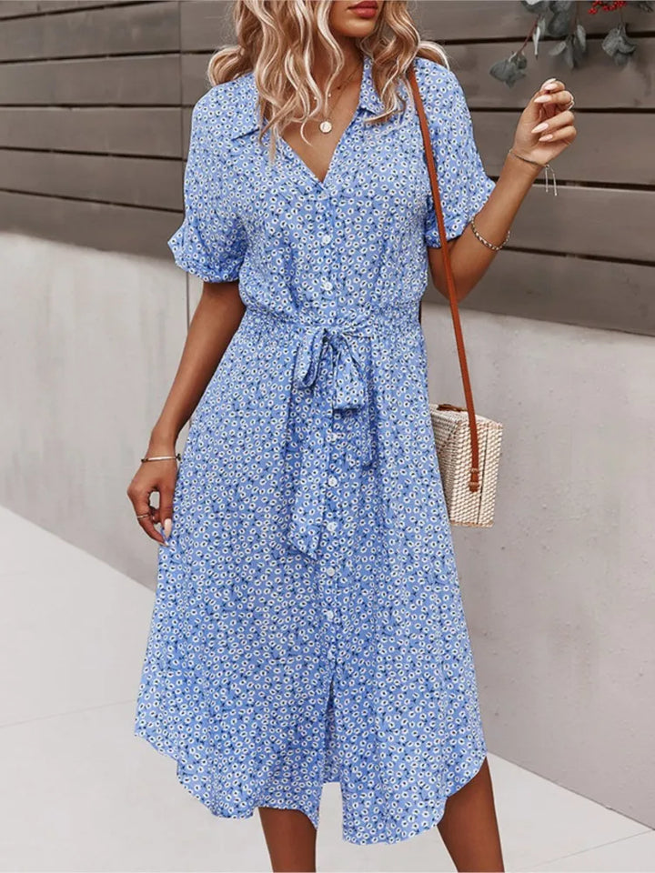 Madel – Floral Midi Dress with Collar &amp; Tie Waist
