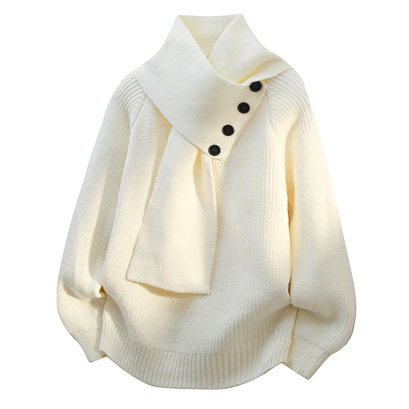 Cozy cream sweater with asymmetrical buttoned collar, studio setting.