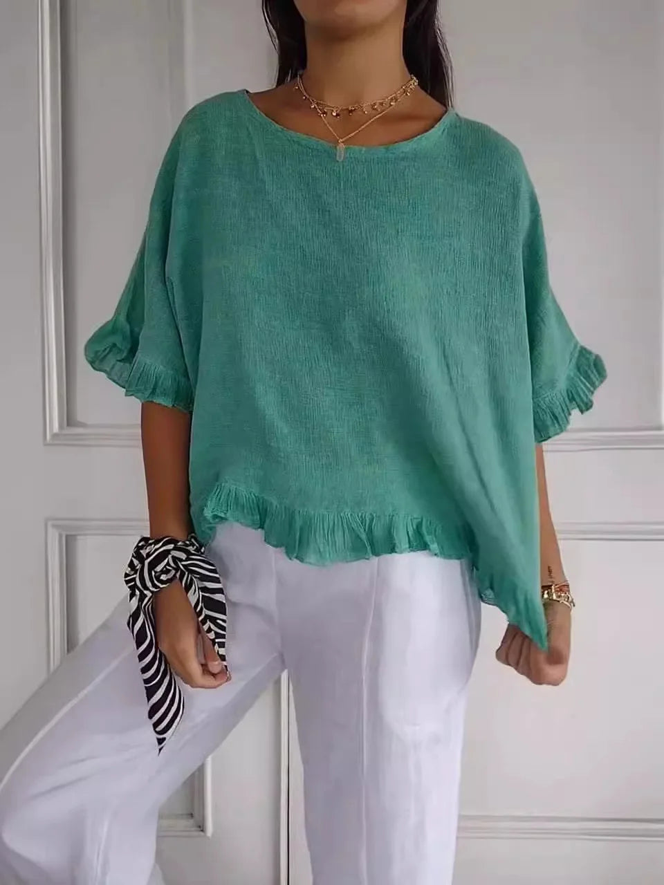Gemma – Ruffled Blouse with Open Round Neckline