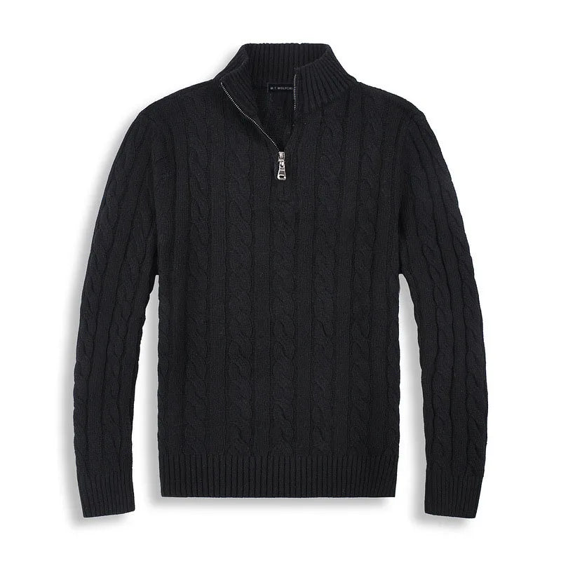 Black cable-knit sweater with half-zip design, laid flat against a white background in a studio setting.