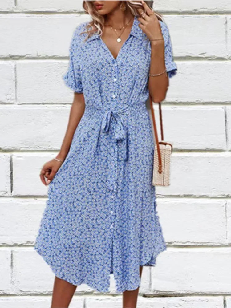 Madel – Floral Midi Dress with Collar &amp; Tie Waist