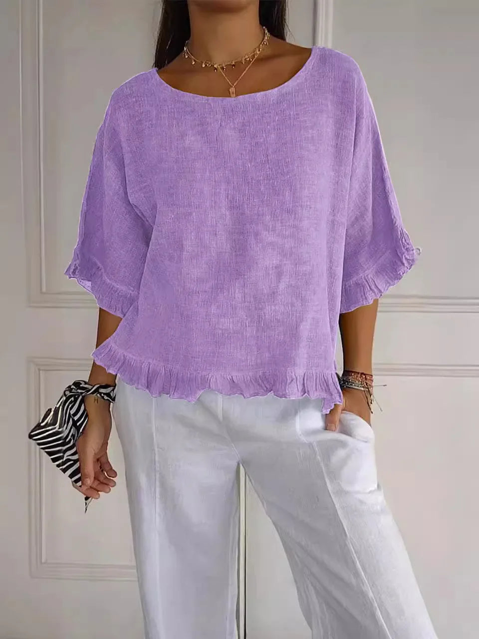 Gemma – Ruffled Blouse with Open Round Neckline