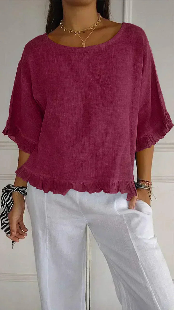 Gemma – Ruffled Blouse with Open Round Neckline