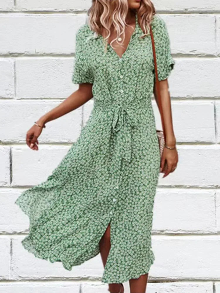 Madel – Floral Midi Dress with Collar & Tie Waist