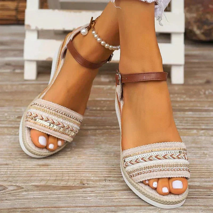 Mona – Boho Woven Ankle-Strap Sandals