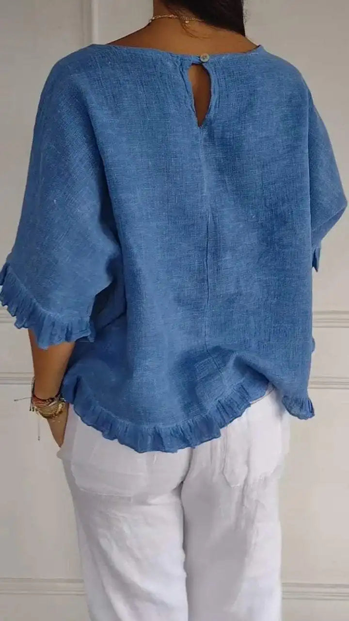 Gemma – Ruffled Blouse with Open Round Neckline
