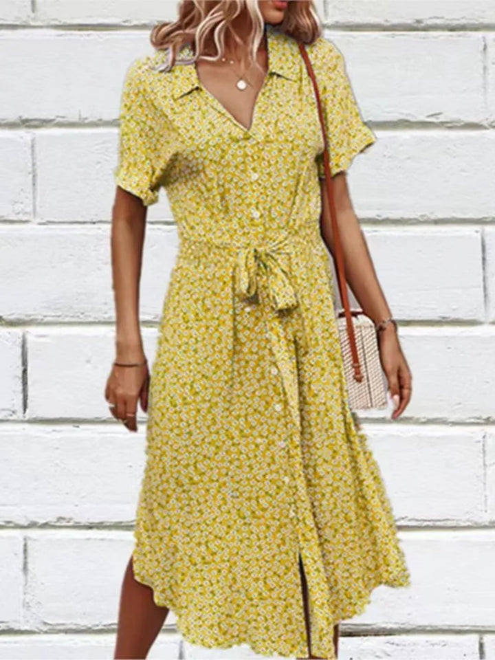 Madel – Floral Midi Dress with Collar &amp; Tie Waist
