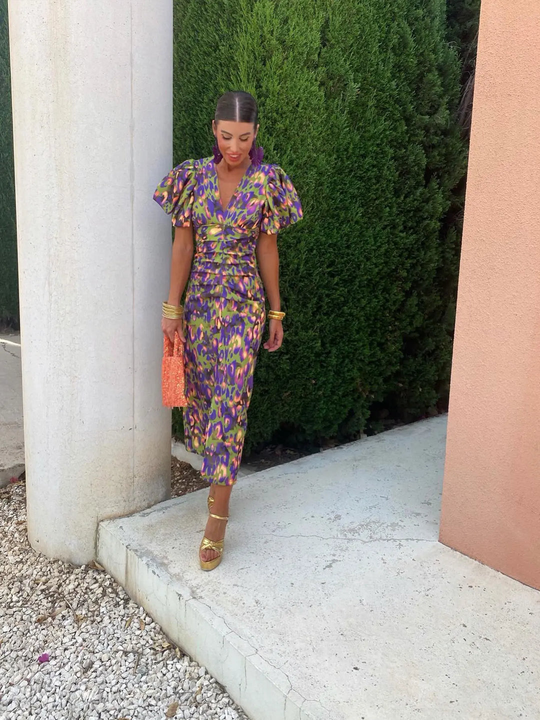 Giselle – Printed Midi Dress with Puff Sleeves
