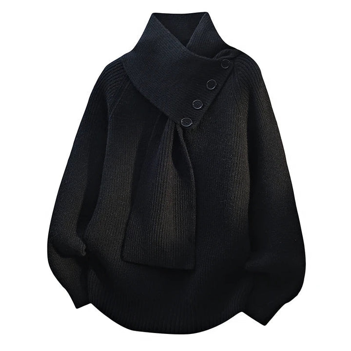 Cozy black sweater with asymmetrical buttoned collar, studio setting.