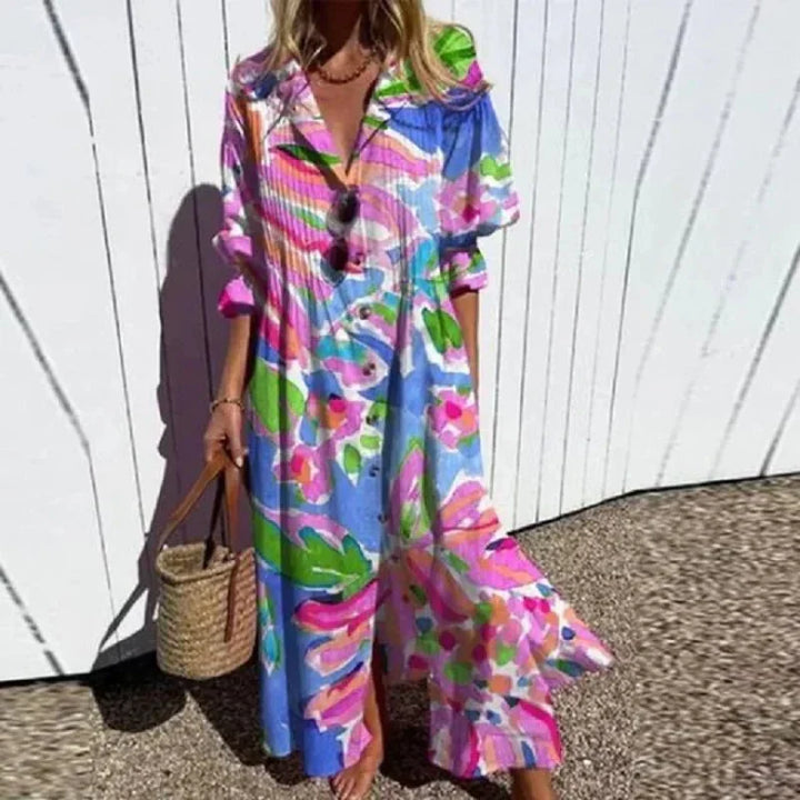 Rema – Boho Maxi Dress with Deep V-Neck