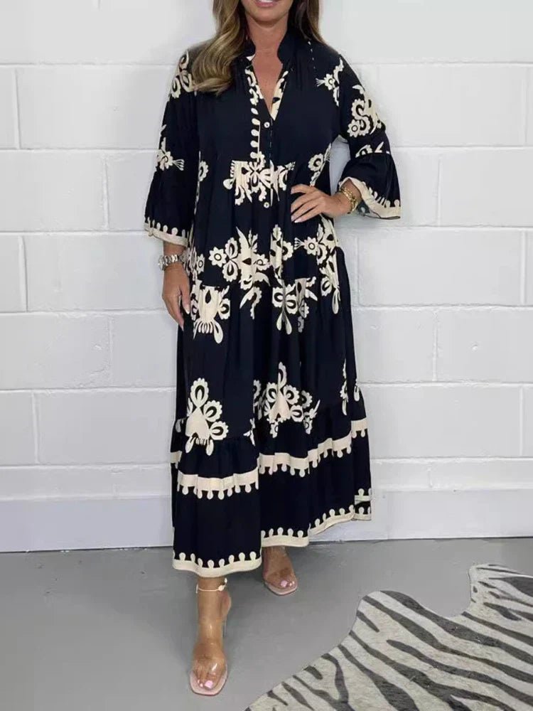 Valeen – Printed Midi Dress with Horn Sleeves