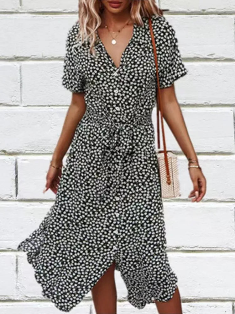 Madel – Floral Midi Dress with Collar &amp; Tie Waist