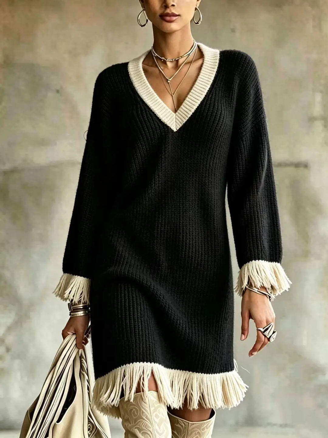 Jolene | Fringe Knit Sweater Dress