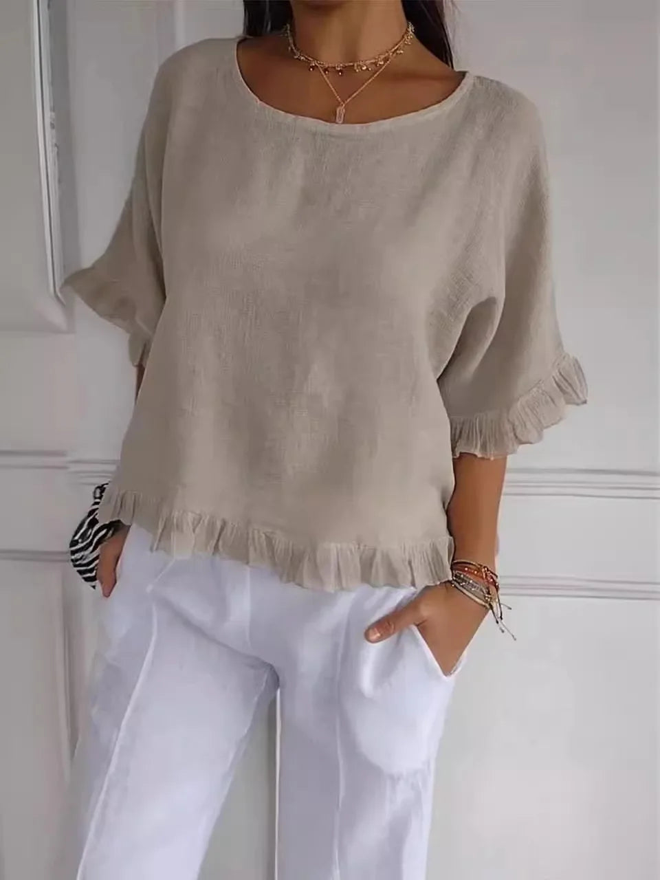 Gemma – Ruffled Blouse with Open Round Neckline