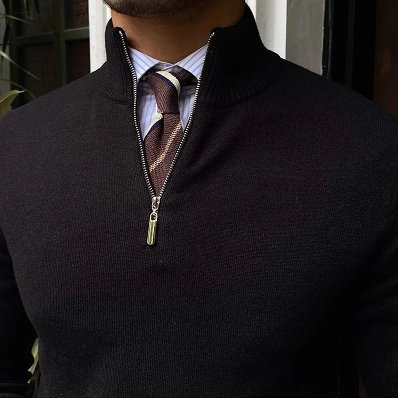 Close-up of black half-zip sweater&