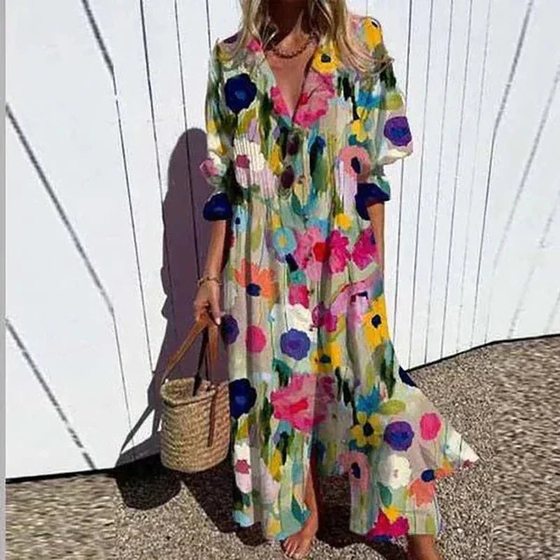Rema – Boho Maxi Dress with Deep V-Neck