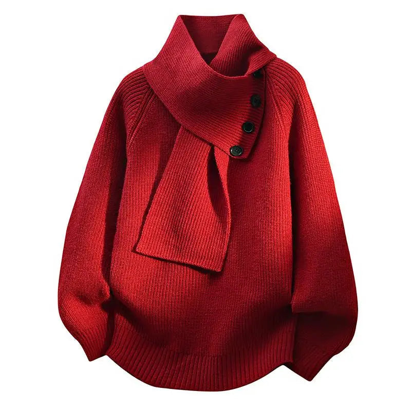 Cozy red sweater with asymmetrical buttoned collar, studio setting.