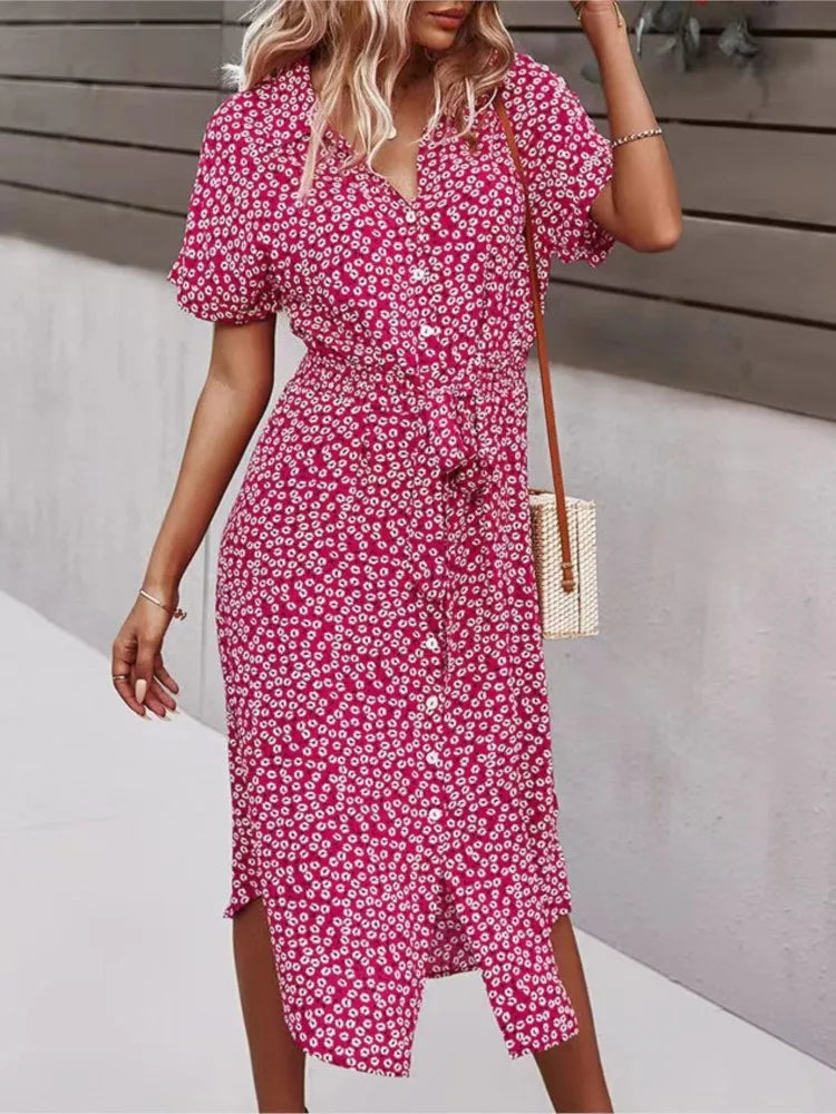 Madel – Floral Midi Dress with Collar &amp; Tie Waist