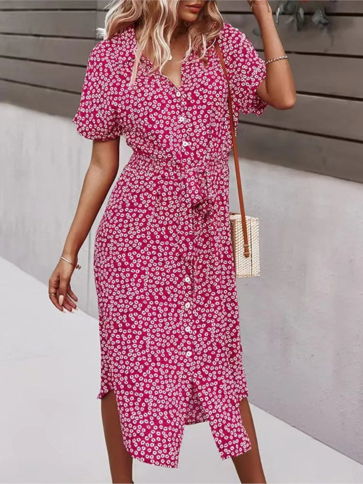 Madel – Floral Midi Dress with Collar &amp; Tie Waist