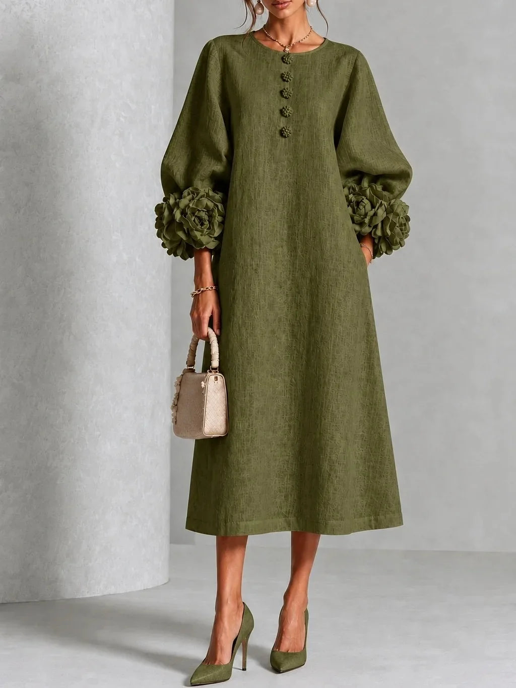 Willa | Floral Lantern-Sleeve Midi Dress