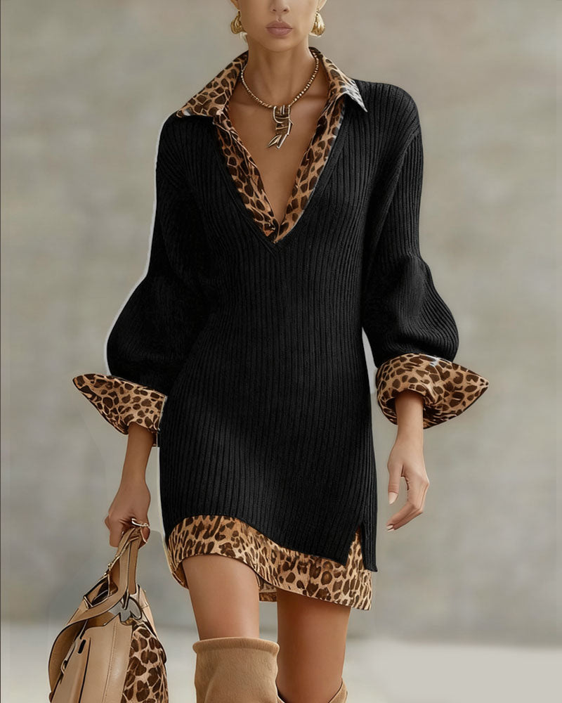 Black dress with leopard print collar and cuffs, long sleeves, gold jewelry, and matching handbag in a neutral studio setting.