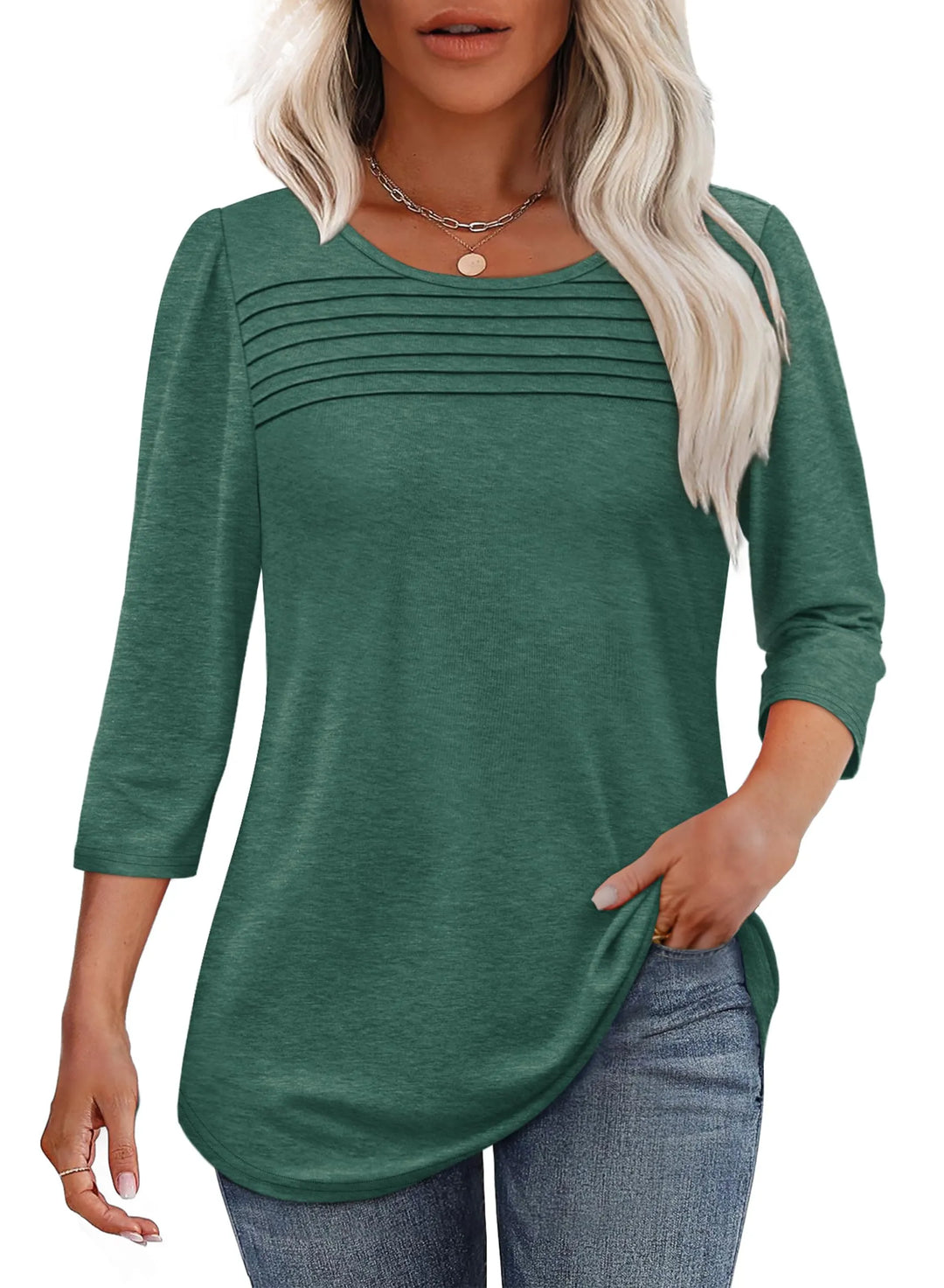 Monalisa – Pleated 3/4 Sleeve V-Neck Top