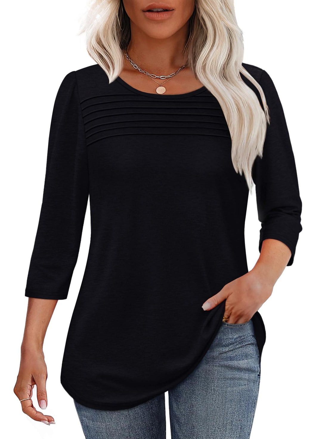 Monalisa – Pleated 3/4 Sleeve V-Neck Top