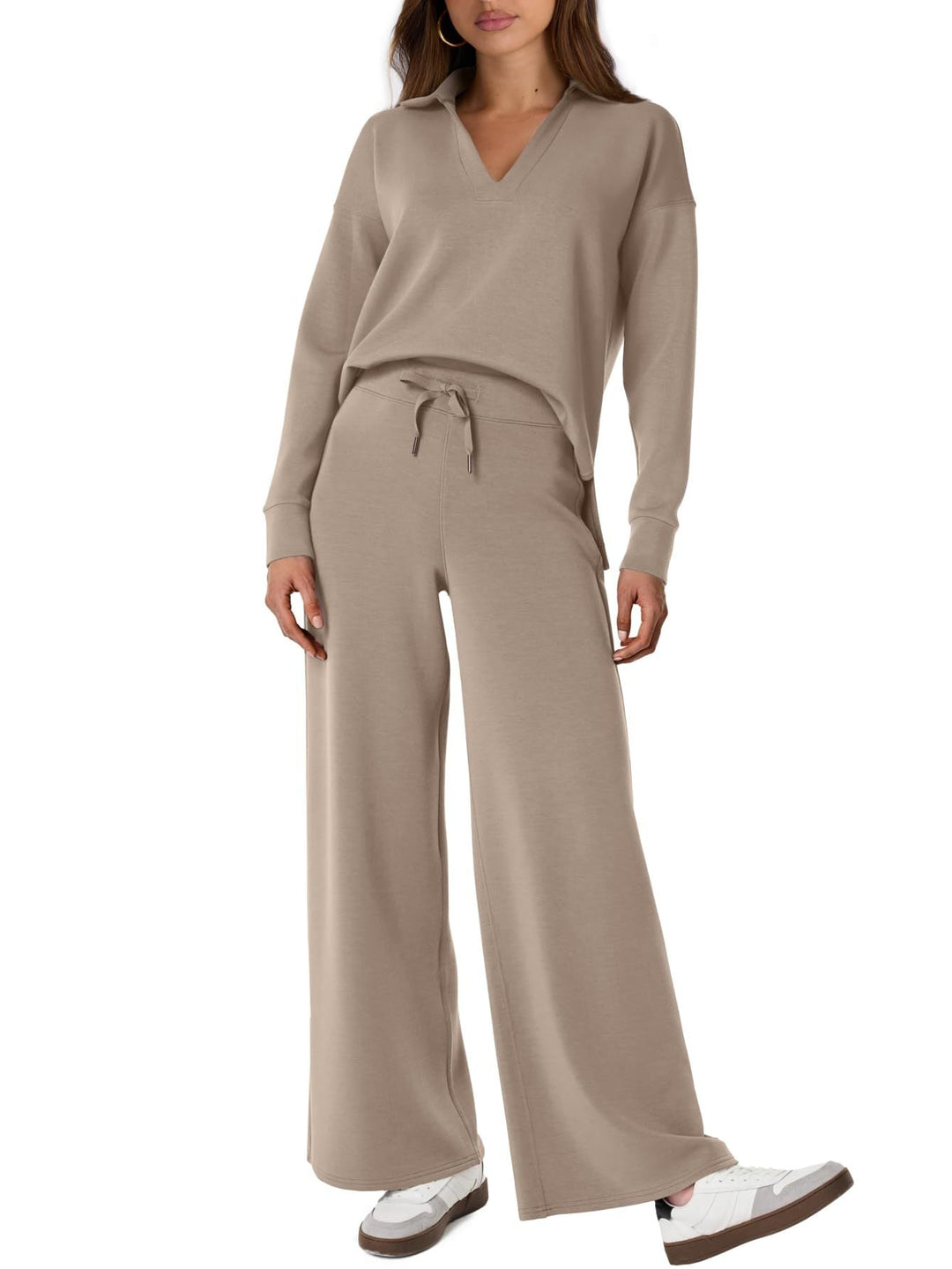 Lanie – V-Neck Polo Lounge Set with Wide-Leg Pants