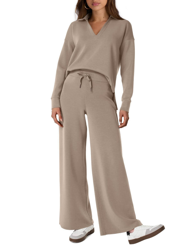 Lanie – V-Neck Polo Lounge Set with Wide-Leg Pants