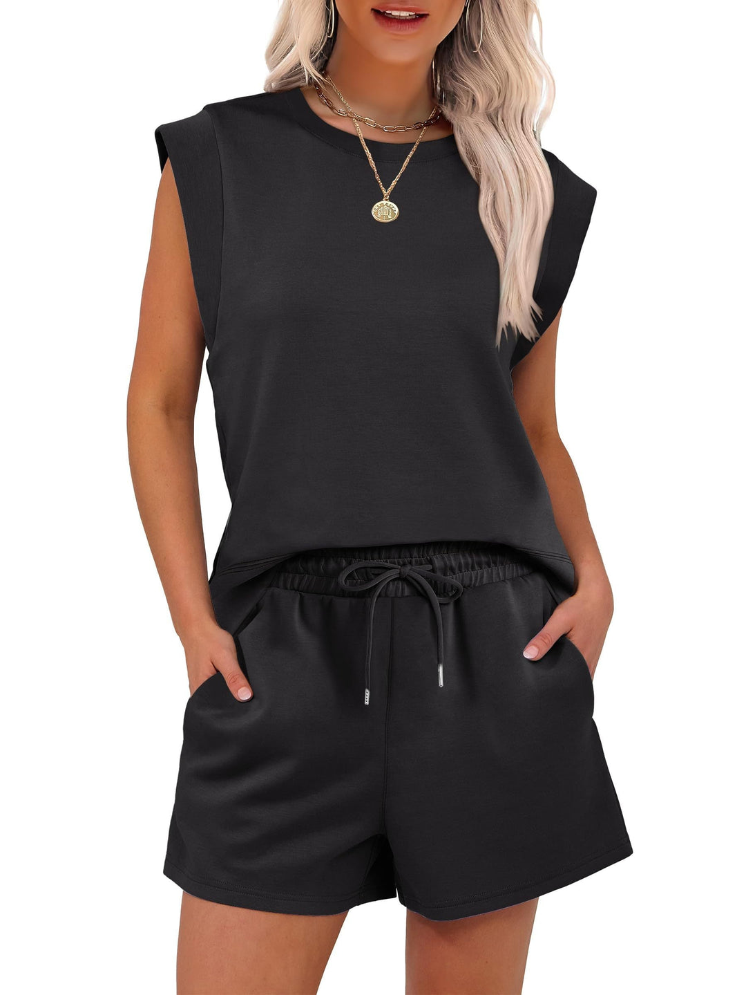 Melinda – Two-Piece Cap Sleeve &amp; Drawstring Shorts Set