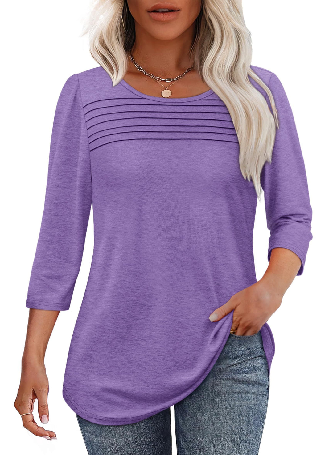 Monalisa – Pleated 3/4 Sleeve V-Neck Top