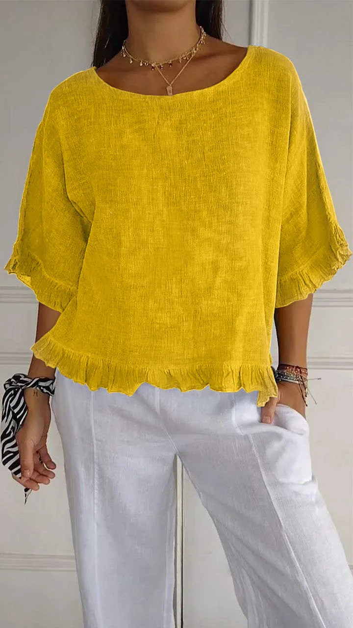Gemma – Ruffled Blouse with Open Round Neckline