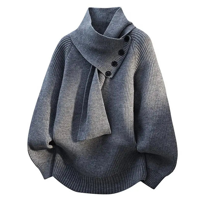 Cozy dark gray sweater with asymmetrical buttoned collar, studio setting.