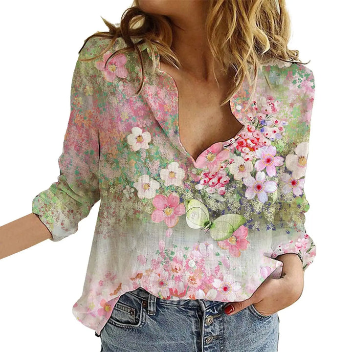 Sylvie – Floral V-Neck Blouse with ¾ Sleeves