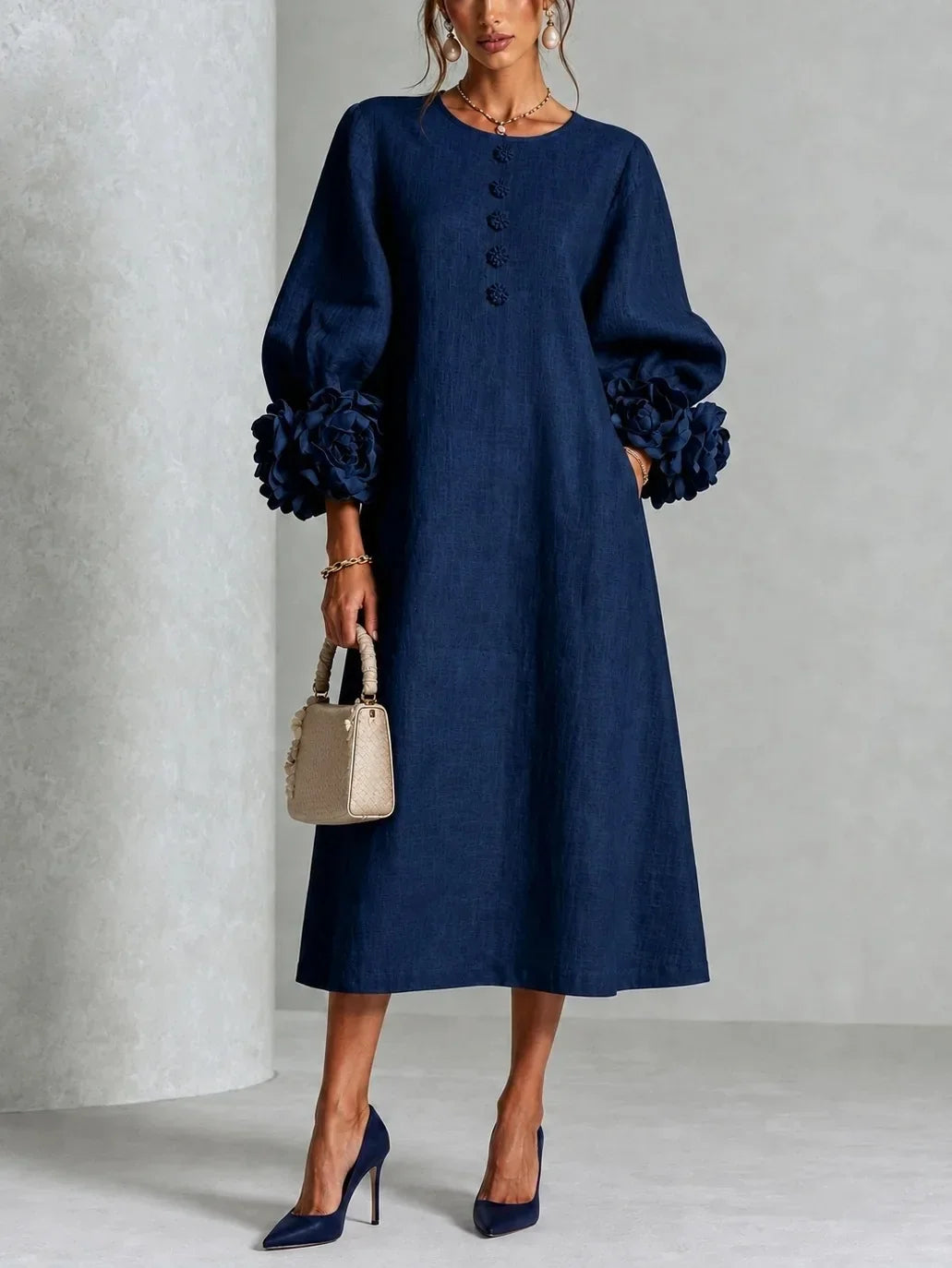 Willa | Floral Lantern-Sleeve Midi Dress