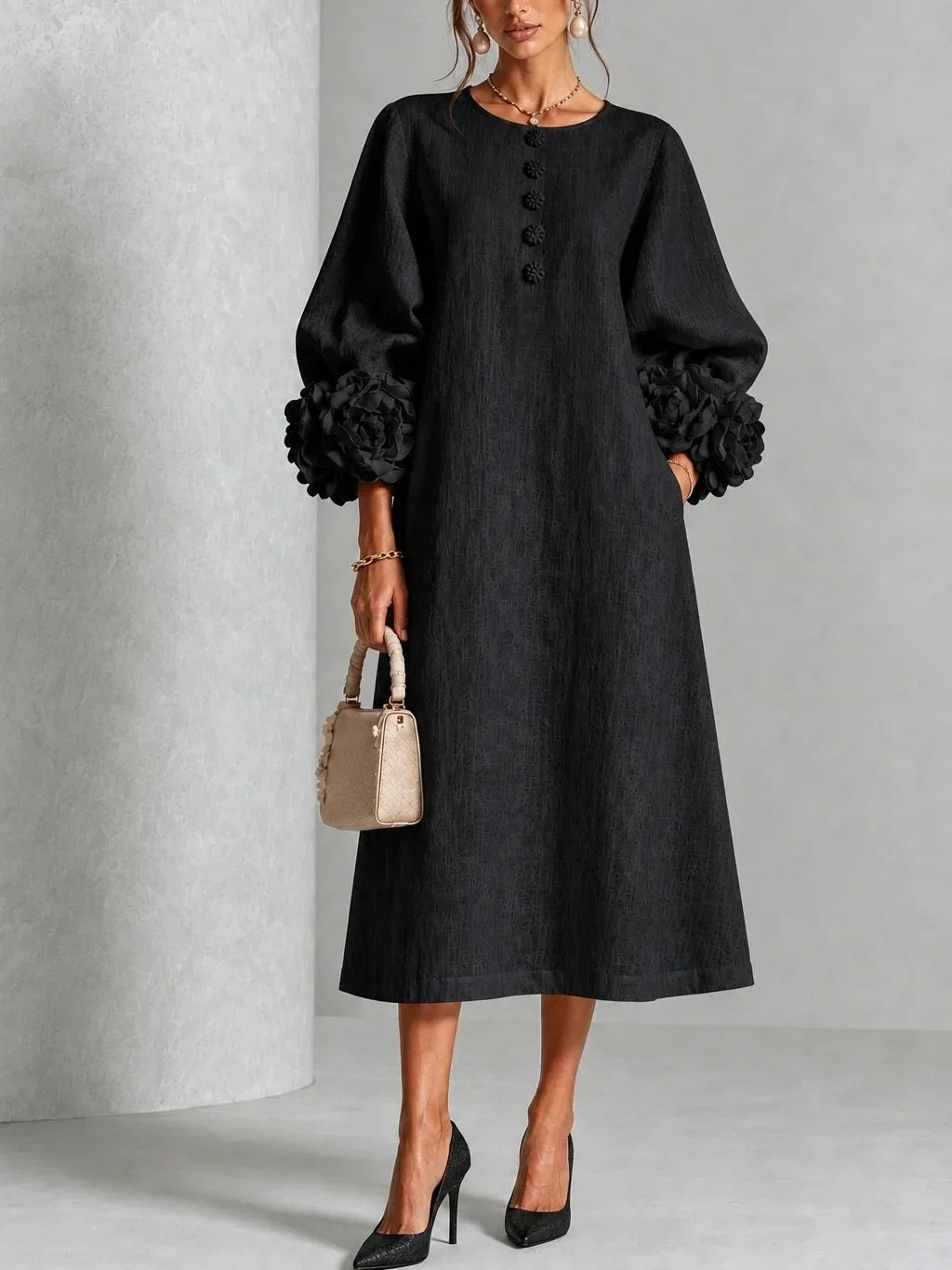 Willa | Floral Lantern-Sleeve Midi Dress
